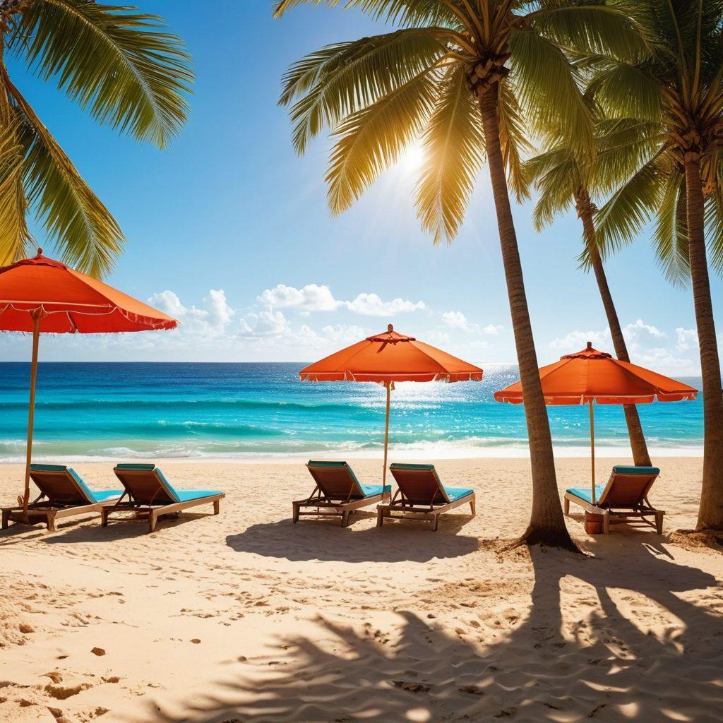 A stunning beach scene showcasing diverse beach attires and swimwear essentials, featuring stylish swimsuits, cover-ups, and accessories on a sandy shore. Include sunbathers applying sunscreen, a vibrant beach umbrella, and tropical palm trees in the background to create a lively atmosphere. Add a clear blue ocean and a sun glowing in the sky. super-realistic. vibrant colors. summer vibe.