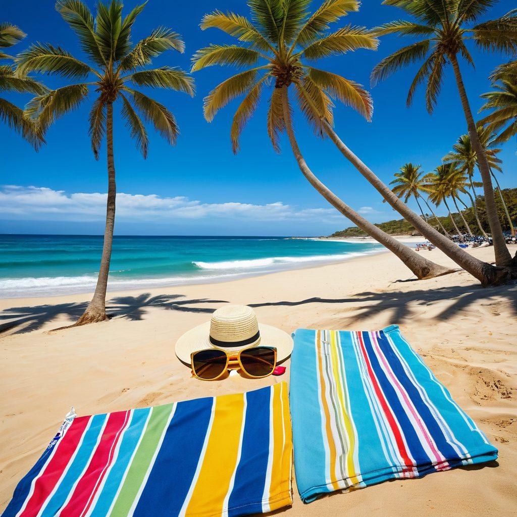 A sun-soaked beach scene featuring stylish men and women in vibrant, trendy beachwear and sexy swimsuits, accessorized with colorful sarongs, wide-brimmed hats, and sunglasses. Palm trees sway in the background, and beach towels are spread on the sand. Bright beach balls and surfboards further enhance the lively atmosphere. The waves crash gently in the background under a clear blue sky. vibrant colors. super-realistic. summer vibes.